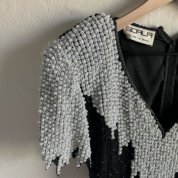 SCALA Vintage Beaded Black And White Long Silk Gown Dress Size M - Picture 7 of 8